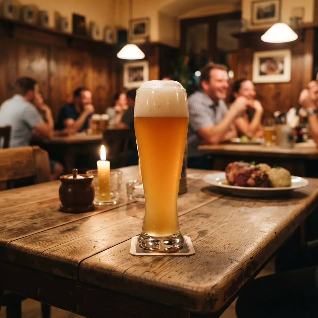 Frisch gezapftes Benediktiner Bier mit dichter Schaumkrone auf einem Holztisch im warmen Licht des Wirtshaus in Binz