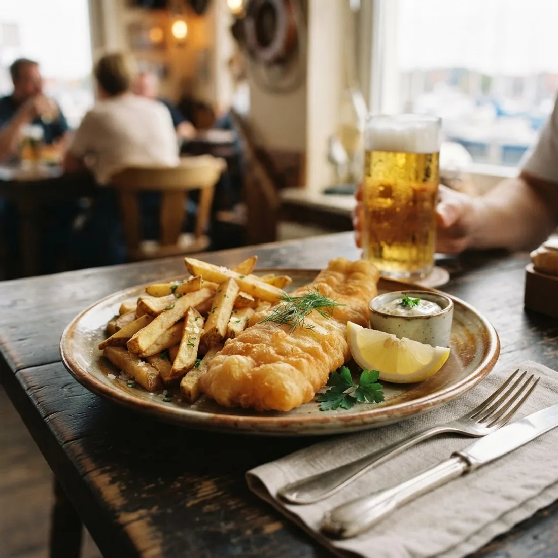 Knuspriger Backfisch mit goldenen Pommes Frites und Zitrone