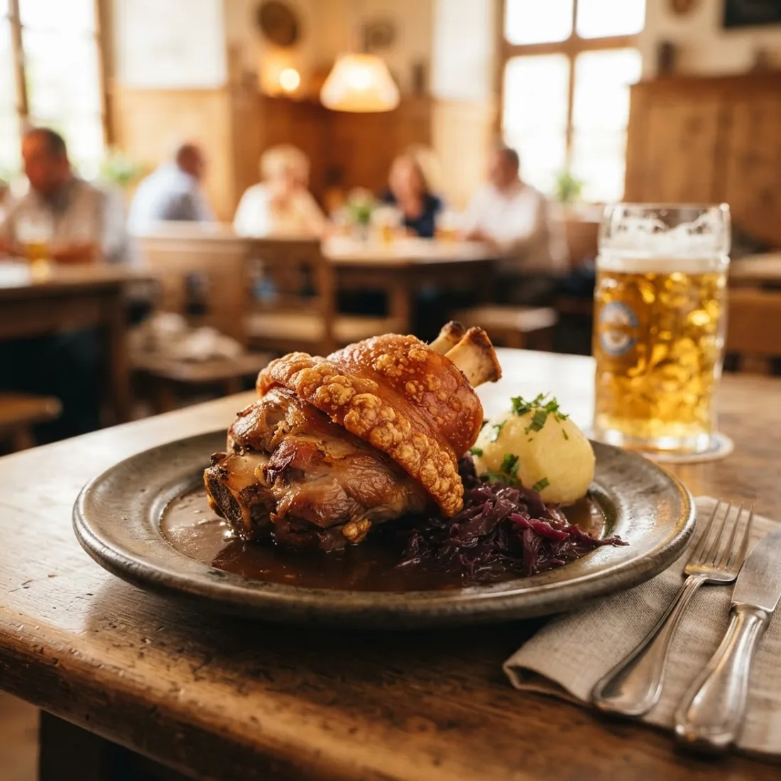 Knusprige Biergarten-Haxe mit goldbrauner Kruste auf einem rustikalen Teller