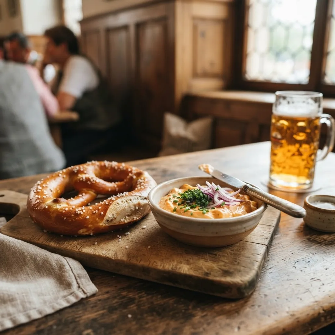 Große bayerische Brezn mit cremigem Obazda auf einem Holzbrett